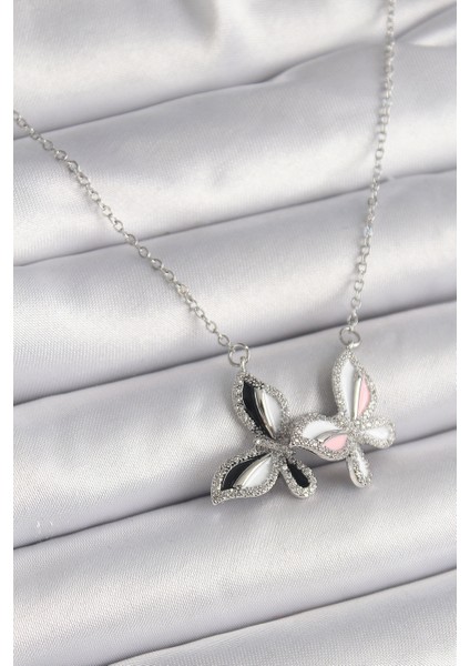 316L Çelik Gümüş Renk Zincir Zirkon Taşlı Renkli Kelebek Model Kadın Kolye - Lisinya