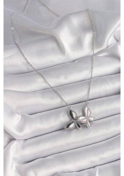 316L Çelik Gümüş Renk Zincir Zirkon Taşlı Renkli Kelebek Model Kadın Kolye - Lisinya fiyatları