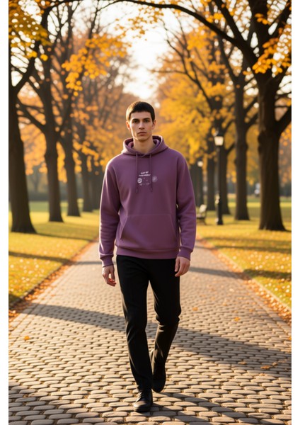 Erkek Kapüşonlu Standart Kol Regular Kalıp Uzay Nakışlı Sweatshirt Fonksiyonel Dayanıklı Şık