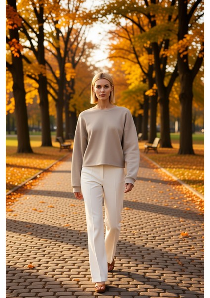 Kadın Bisiklet Yaka Standart Kol Crop Örme Sweatshirt Fonksiyonel Dayanıklı Kaliteli Rahat