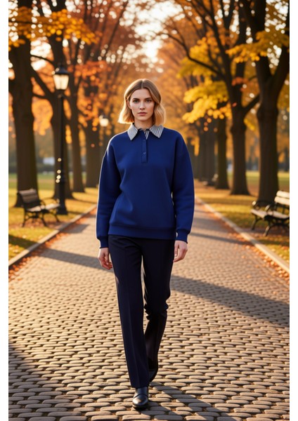 Kadın Polo Yaka Düşük Kol Düğme Detaylı Sweatshirt Fonksiyonel Dayanıklı Kaliteli Konforlu