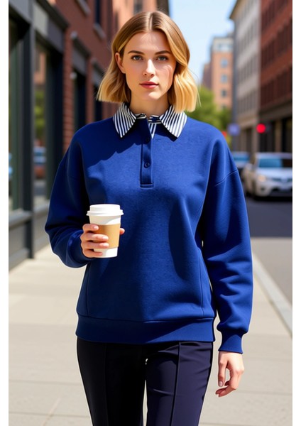 Kadın Polo Yaka Düşük Kol Düğme Detaylı Sweatshirt Fonksiyonel Dayanıklı Kaliteli Konforlu fiyatları