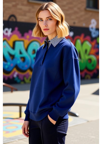 Kadın Polo Yaka Düşük Kol Düğme Detaylı Sweatshirt Fonksiyonel Dayanıklı Kaliteli Konforlu indirimleri