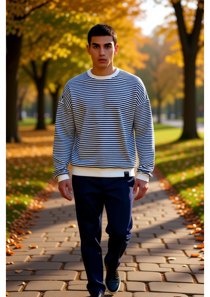 Erkek Bisiklet Yaka Standart Kol Çizgili Oversize Sweatshirt Fonksiyonel Dayanıklı Estetik