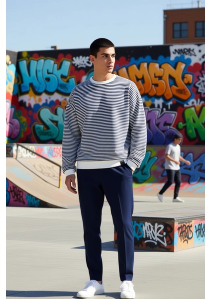 Erkek Bisiklet Yaka Standart Kol Çizgili Oversize Sweatshirt Fonksiyonel Dayanıklı Estetik indirimleri