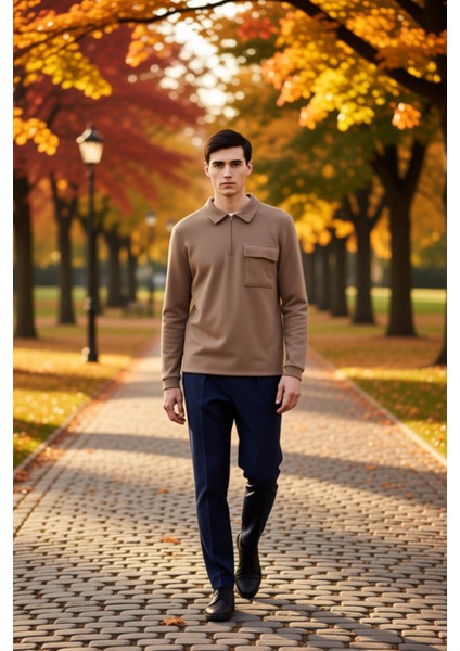 Erkek Polo Yaka Fermuarlı Cep Detaylı %100 Pamuk Sweatshirt Fonksiyonel Dayanıklı Kaliteli
