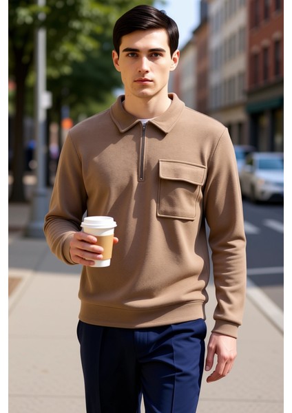 Erkek Polo Yaka Fermuarlı Cep Detaylı %100 Pamuk Sweatshirt Fonksiyonel Dayanıklı Kaliteli fiyatları