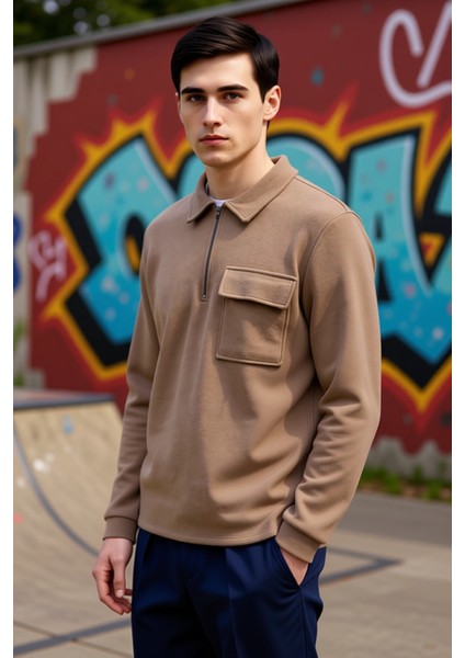 Erkek Polo Yaka Fermuarlı Cep Detaylı %100 Pamuk Sweatshirt Fonksiyonel Dayanıklı Kaliteli indirimleri