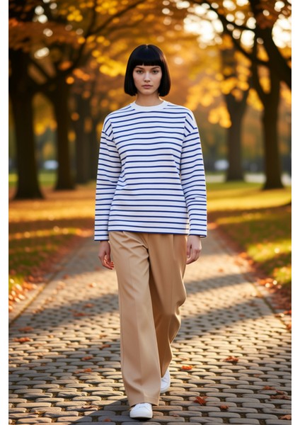 Kadın Bisiklet Yaka Düşük Kol Çizgili Örme Geniş Kesim Sweatshirt Fonksiyonel Dayanıklı Şık