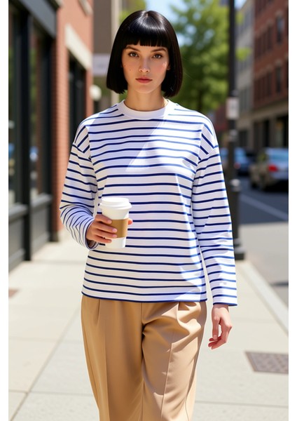 Kadın Bisiklet Yaka Düşük Kol Çizgili Örme Geniş Kesim Sweatshirt Fonksiyonel Dayanıklı Şık fiyatları