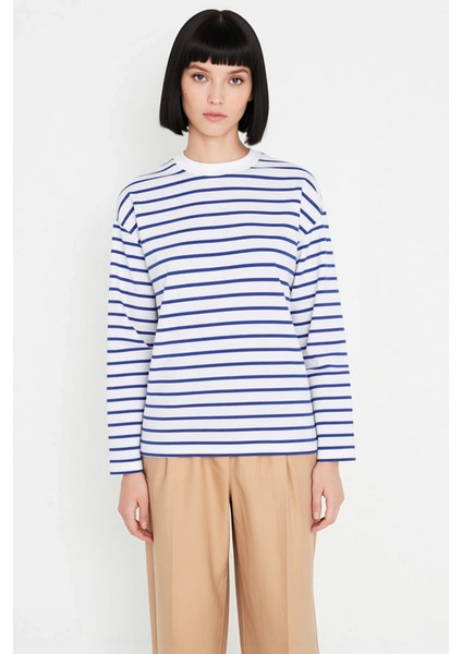 Kadın Bisiklet Yaka Düşük Kol Çizgili Örme Geniş Kesim Sweatshirt Fonksiyonel Dayanıklı Şık modelleri