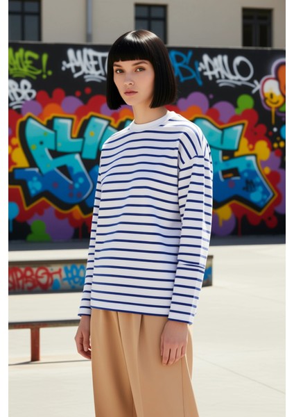 Kadın Bisiklet Yaka Düşük Kol Çizgili Örme Geniş Kesim Sweatshirt Fonksiyonel Dayanıklı Şık indirimleri