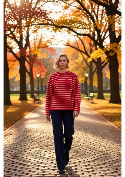 Kadın Bisiklet Yaka Düşük Kol Çizgili Örme Geniş Kesim Sweatshirt Fonksiyonel Dayanıklı Şık