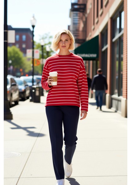 Kadın Bisiklet Yaka Düşük Kol Çizgili Örme Geniş Kesim Sweatshirt Fonksiyonel Dayanıklı Şık fiyatları