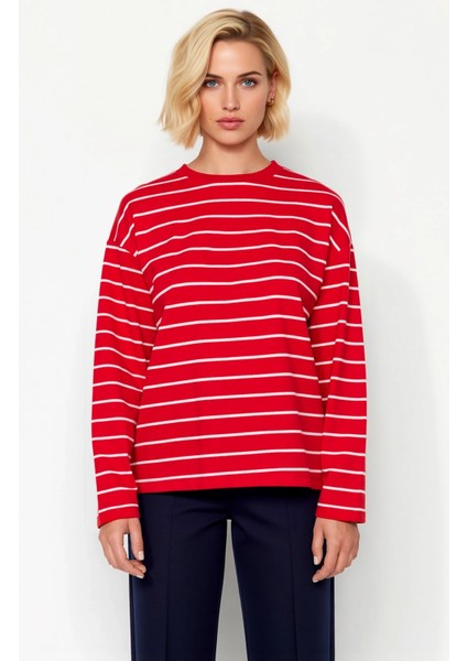 Kadın Bisiklet Yaka Düşük Kol Çizgili Örme Geniş Kesim Sweatshirt Fonksiyonel Dayanıklı Şık modelleri