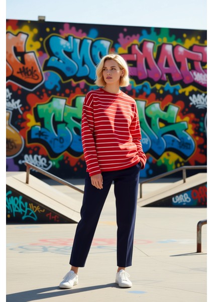 Kadın Bisiklet Yaka Düşük Kol Çizgili Örme Geniş Kesim Sweatshirt Fonksiyonel Dayanıklı Şık indirimleri