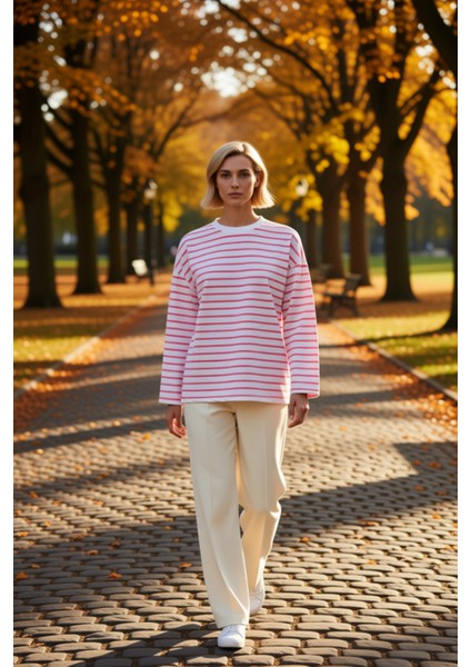 Kadın Bisiklet Yaka Düşük Kol Çizgili Örme Geniş Kesim Sweatshirt Fonksiyonel Dayanıklı Şık