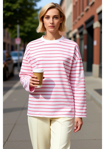 Kadın Bisiklet Yaka Düşük Kol Çizgili Örme Geniş Kesim Sweatshirt Fonksiyonel Dayanıklı Şık fiyatları