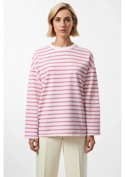 Kadın Bisiklet Yaka Düşük Kol Çizgili Örme Geniş Kesim Sweatshirt Fonksiyonel Dayanıklı Şık modelleri