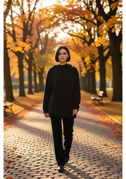 Kadın Kapüşonlu Düşük Kol Uzun Sweatshirt Fonksiyonel Dayanıklı Kaliteli Konforlu Estetik Şık