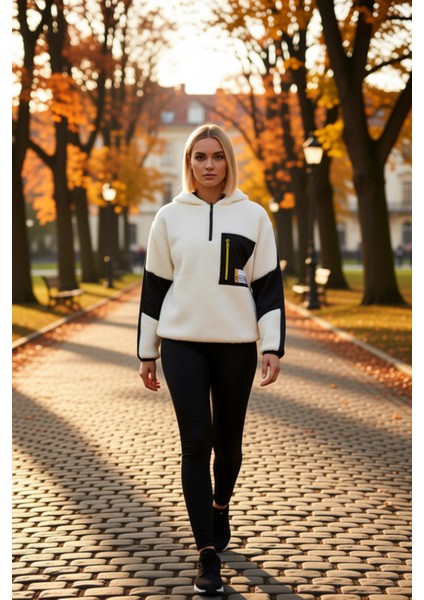 Kadın Dik Yaka Düşük Kol Renk Bloklu Peluş Sweatshirt Fonksiyonel Dayanıklı Kaliteli Rahat