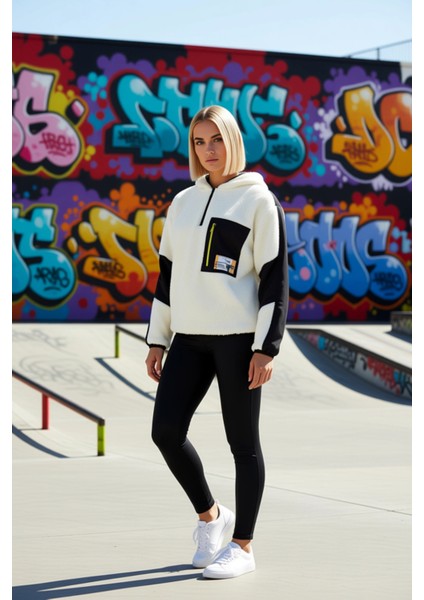 Kadın Dik Yaka Düşük Kol Renk Bloklu Peluş Sweatshirt Fonksiyonel Dayanıklı Kaliteli Rahat indirimleri