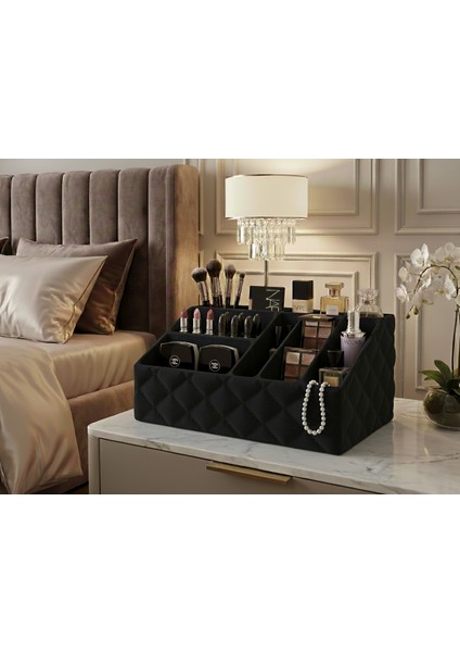 Elit Kapitone Tasarım Makyaj Organizeri – Lüks Dekoratif Masaüstü Düzenleyici – Doğa Dostu Özel Dokulu Fırçalık & Kozmetik Kutusu
