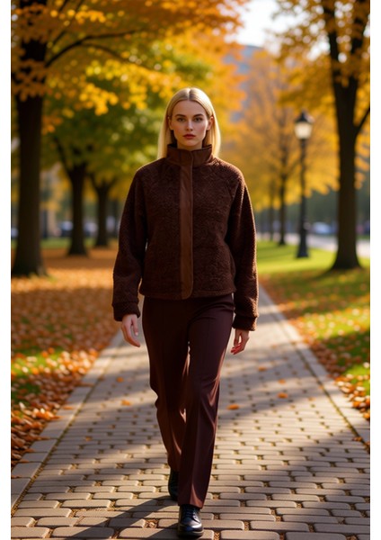 Kadın Dik Yaka Düşük Kol Fermuarlı Peluş Kalın Örme Sweatshirt Fonksiyonel Dayanıklı Rahat