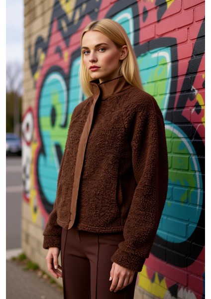 Kadın Dik Yaka Düşük Kol Fermuarlı Peluş Kalın Örme Sweatshirt Fonksiyonel Dayanıklı Rahat indirimleri