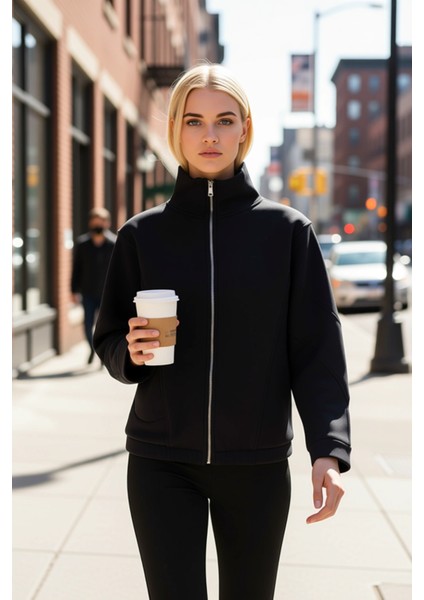 Kadın Dik Yaka Fermuarlı Düşük Kol Örme Sweatshirt Fonksiyonel Dayanıklı Kaliteli Konforlu fiyatları