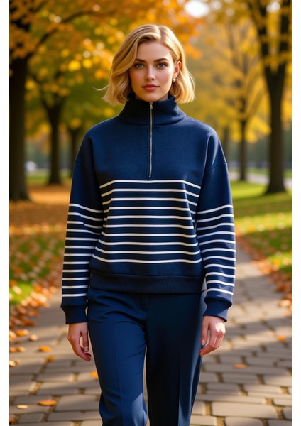 Kadın Dik Yaka Düşük Kol Fermuarlı Çizgili Oversize Kalın Örme Sweatshirt Fonksiyonel Spor