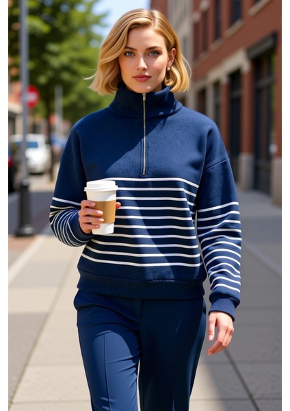 Kadın Dik Yaka Düşük Kol Fermuarlı Çizgili Oversize Kalın Örme Sweatshirt Fonksiyonel Spor fiyatları