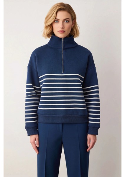 Kadın Dik Yaka Düşük Kol Fermuarlı Çizgili Oversize Kalın Örme Sweatshirt Fonksiyonel Spor modelleri