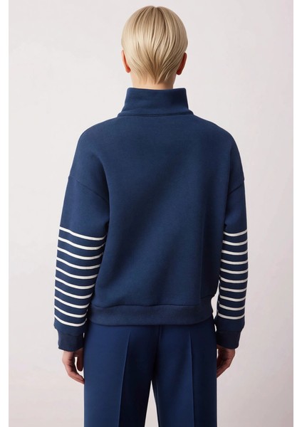 Kadın Dik Yaka Düşük Kol Fermuarlı Çizgili Oversize Kalın Örme Sweatshirt Fonksiyonel Spor fırsatları