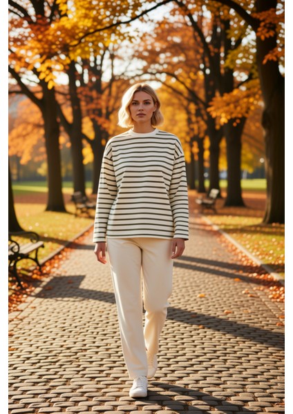 Kadın Bisiklet Yaka Düşük Kol Çizgili Örme Geniş Kesim Sweatshirt Fonksiyonel Dayanıklı Şık