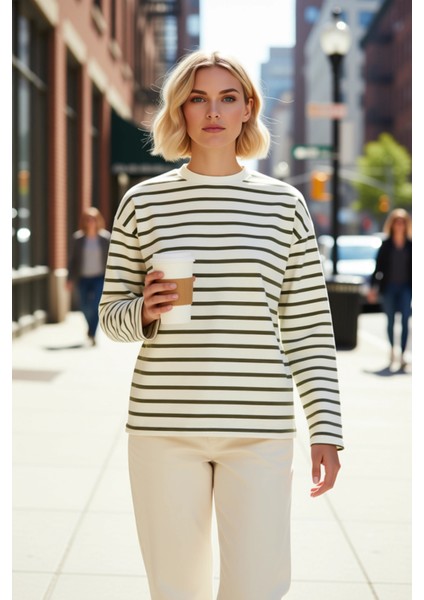 Kadın Bisiklet Yaka Düşük Kol Çizgili Örme Geniş Kesim Sweatshirt Fonksiyonel Dayanıklı Şık fiyatları