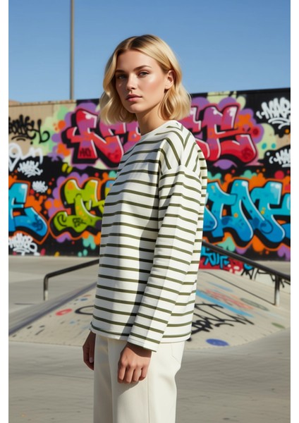 Kadın Bisiklet Yaka Düşük Kol Çizgili Örme Geniş Kesim Sweatshirt Fonksiyonel Dayanıklı Şık fırsatları
