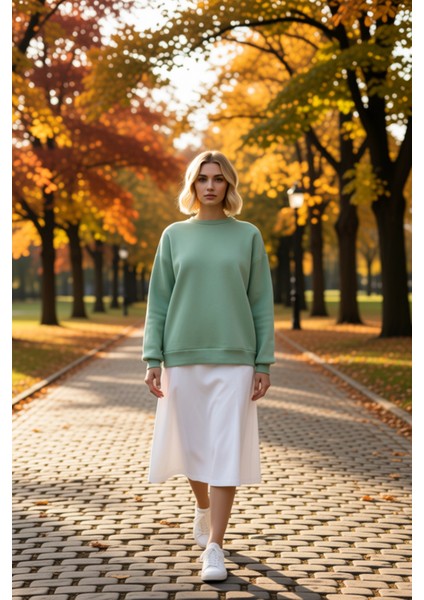 Kadın Bisiklet Yaka Düşük Kol Oversize Kalın Örme Sweatshirt Fonksiyonel Dayanıklı Estetik