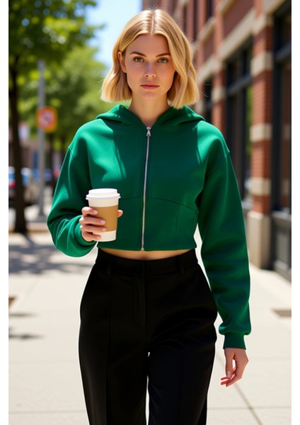 Kadın Kapüşonlu Düşük Kol Fitted Fermuarlı Örme Sweatshirt Fonksiyonel Dayanıklı Kaliteli Şık fiyatları