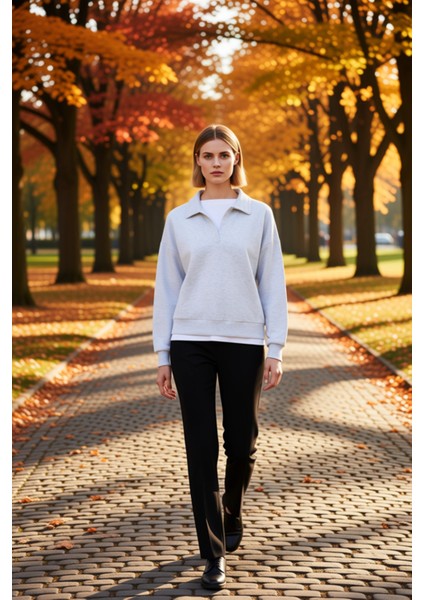 Kadın Polo Yaka Standart Kol Düğmeli Sweatshirt Fonksiyonel Dayanıklı Kaliteli Konforlu Şık