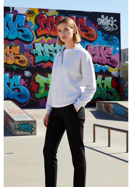 Kadın Polo Yaka Standart Kol Düğmeli Sweatshirt Fonksiyonel Dayanıklı Kaliteli Konforlu Şık indirimleri