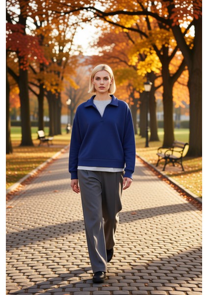 Kadın Polo Yaka Standart Kol Düğmeli Sweatshirt Fonksiyonel Dayanıklı Kaliteli Konforlu Şık