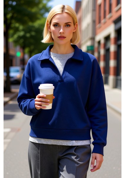 Kadın Polo Yaka Standart Kol Düğmeli Sweatshirt Fonksiyonel Dayanıklı Kaliteli Konforlu Şık fiyatları
