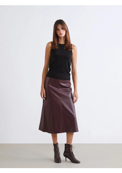 Soulife Bordo Beli Fermuarlı A Kesim Deri Görünümlü Etek