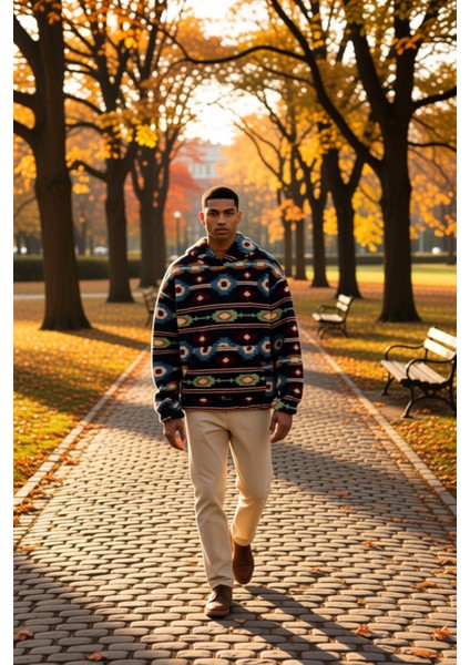 Erkek Kapüşonlu Düşük Uzun Kollu Örme Polar Dokuma Oversize Geniş Kesim Retro Desenli Sweatshirt