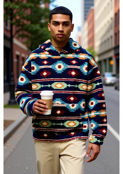 Erkek Kapüşonlu Düşük Uzun Kollu Örme Polar Dokuma Oversize Geniş Kesim Retro Desenli Sweatshirt fiyatları