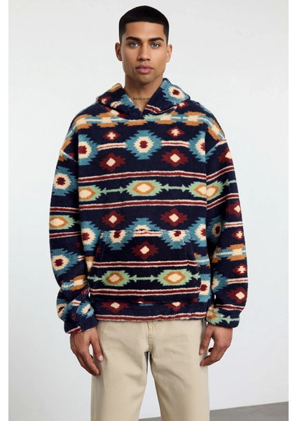 Erkek Kapüşonlu Düşük Uzun Kollu Örme Polar Dokuma Oversize Geniş Kesim Retro Desenli Sweatshirt modelleri