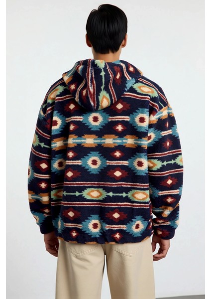 Erkek Kapüşonlu Düşük Uzun Kollu Örme Polar Dokuma Oversize Geniş Kesim Retro Desenli Sweatshirt fırsatları