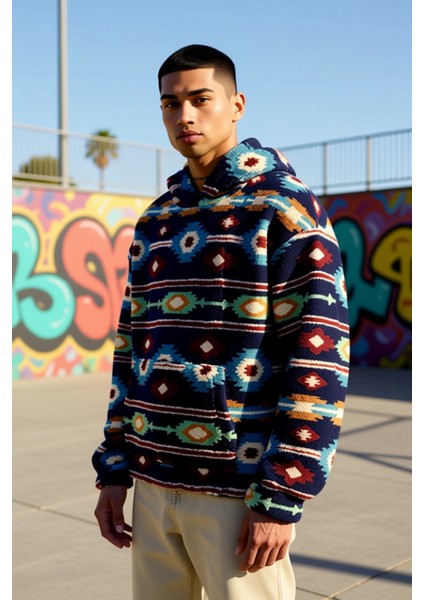 Erkek Kapüşonlu Düşük Uzun Kollu Örme Polar Dokuma Oversize Geniş Kesim Retro Desenli Sweatshirt indirimleri