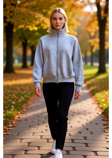Kadın Dik Yaka Düşük Kol Fermuarlı Geniş Kalıp Sweatshirt Fonksiyonel Dayanıklı Kaliteli Şık